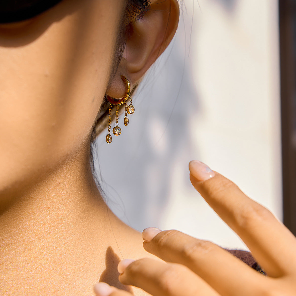 Geometric Stainless Steel Gold Plated Cubic Zirconia Tassel Earrings for Women