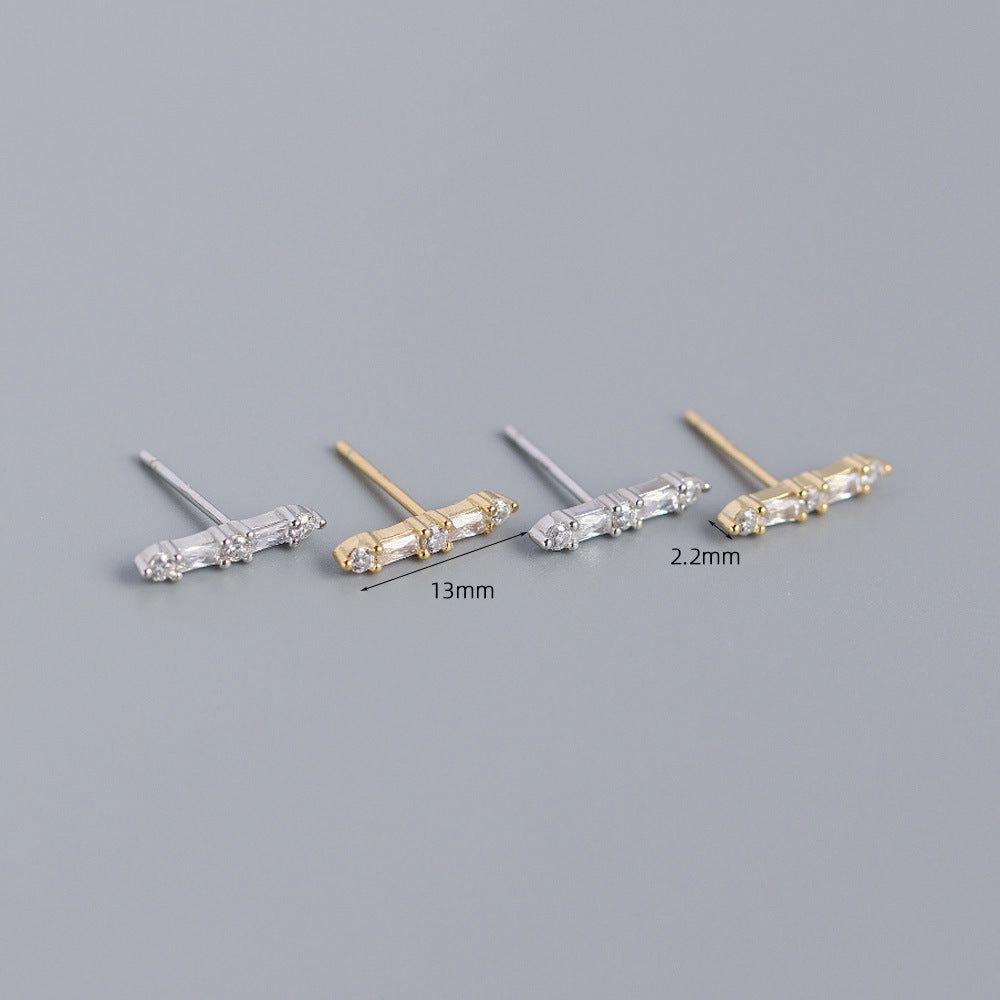 Elegant Business 925 Sterling Silver Geometric Rectangle Inlay Diamond Stud Earrings for Women