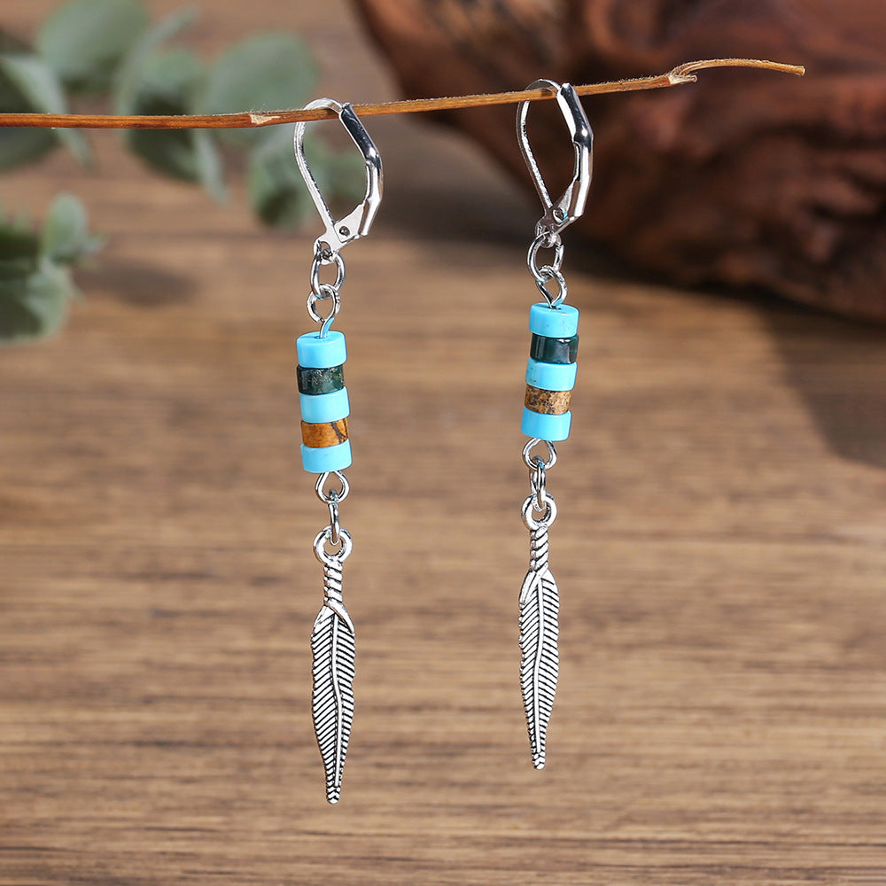 Vintage Bohemian Leaf Cross Geometric Alloy and Brass Earrings with Turquoise and Imitation Pearl