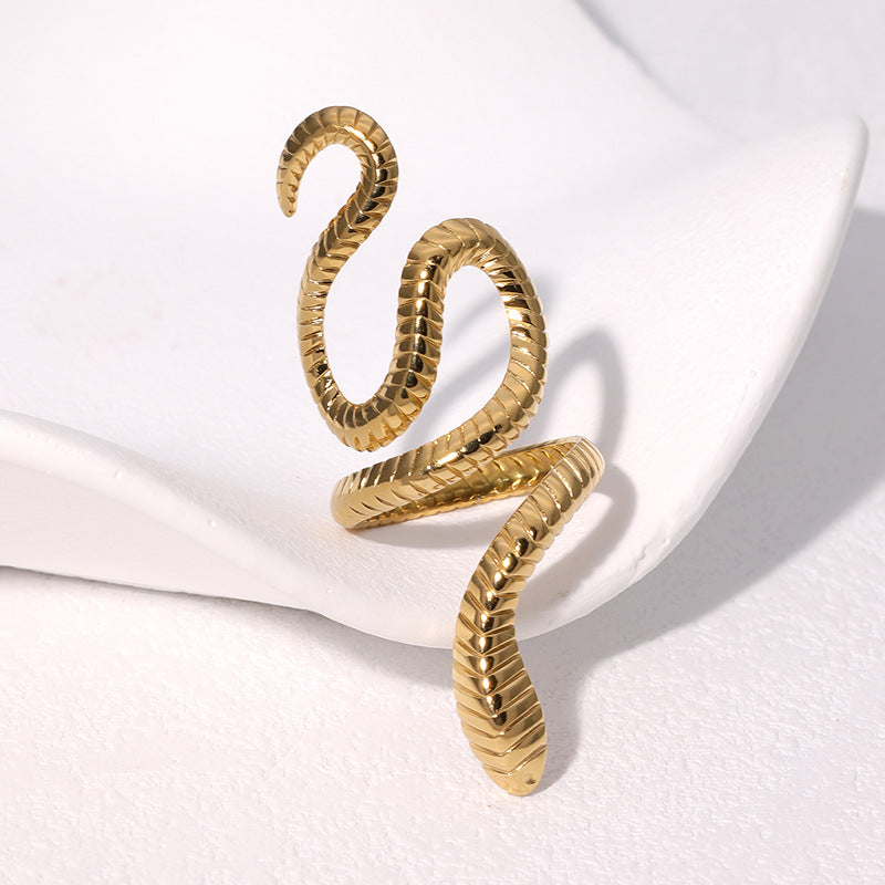 Minimalist Snake-Shaped Open Ring in Stainless Steel with Gold Plating for Women
