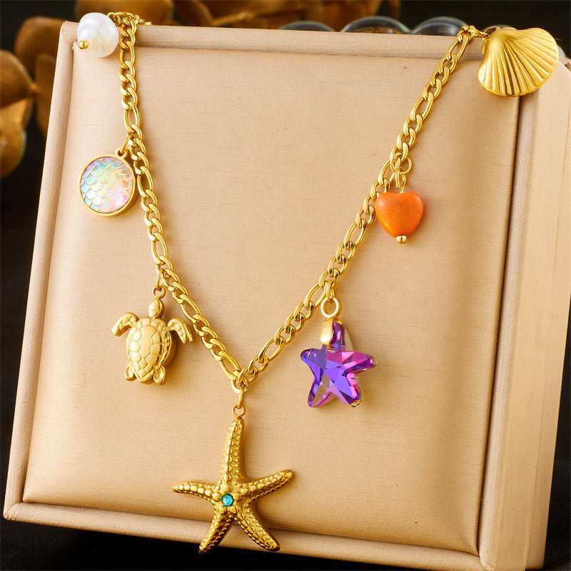 Elegant Colorful Fish Scale Star Animal Rhinestone Inlay Stainless Steel Pendant Necklace with Turtle and Shell Charms