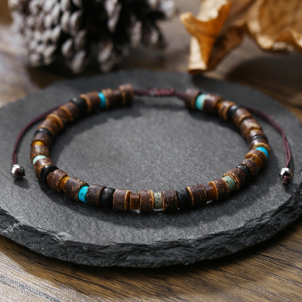 Bohemian Ethnic Geometric Wood Turquoise Beaded Stretch Bracelet for Men and Women