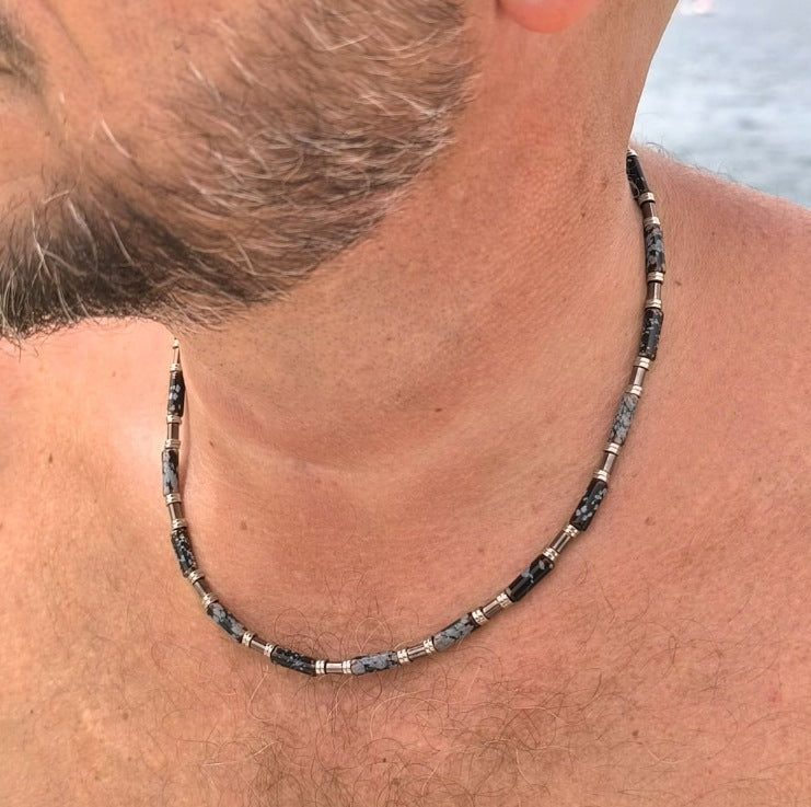 Geometric Round Stainless Steel Hematite Agate Beaded Necklace Cable Chain Unisex