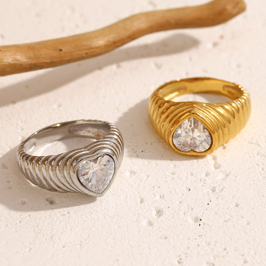 Minimalist Geometric Stainless Steel Plated 18K Gold Heart-Shaped Zircon Thread Ring for Women
