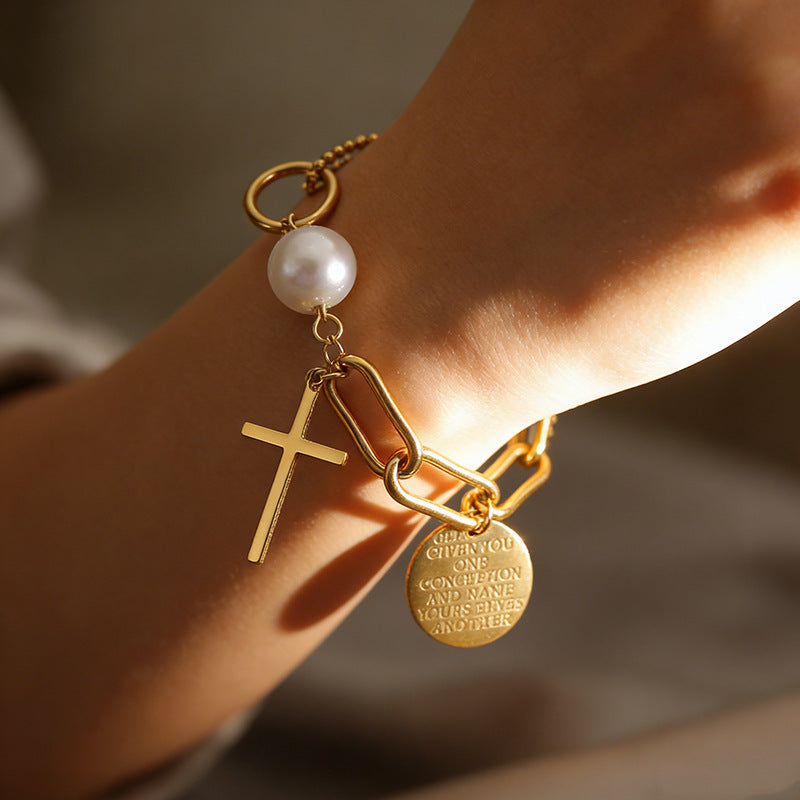 Vintage Minimalist 18K Gold Plated Stainless Steel Cross Pearl Paperclip Bracelet