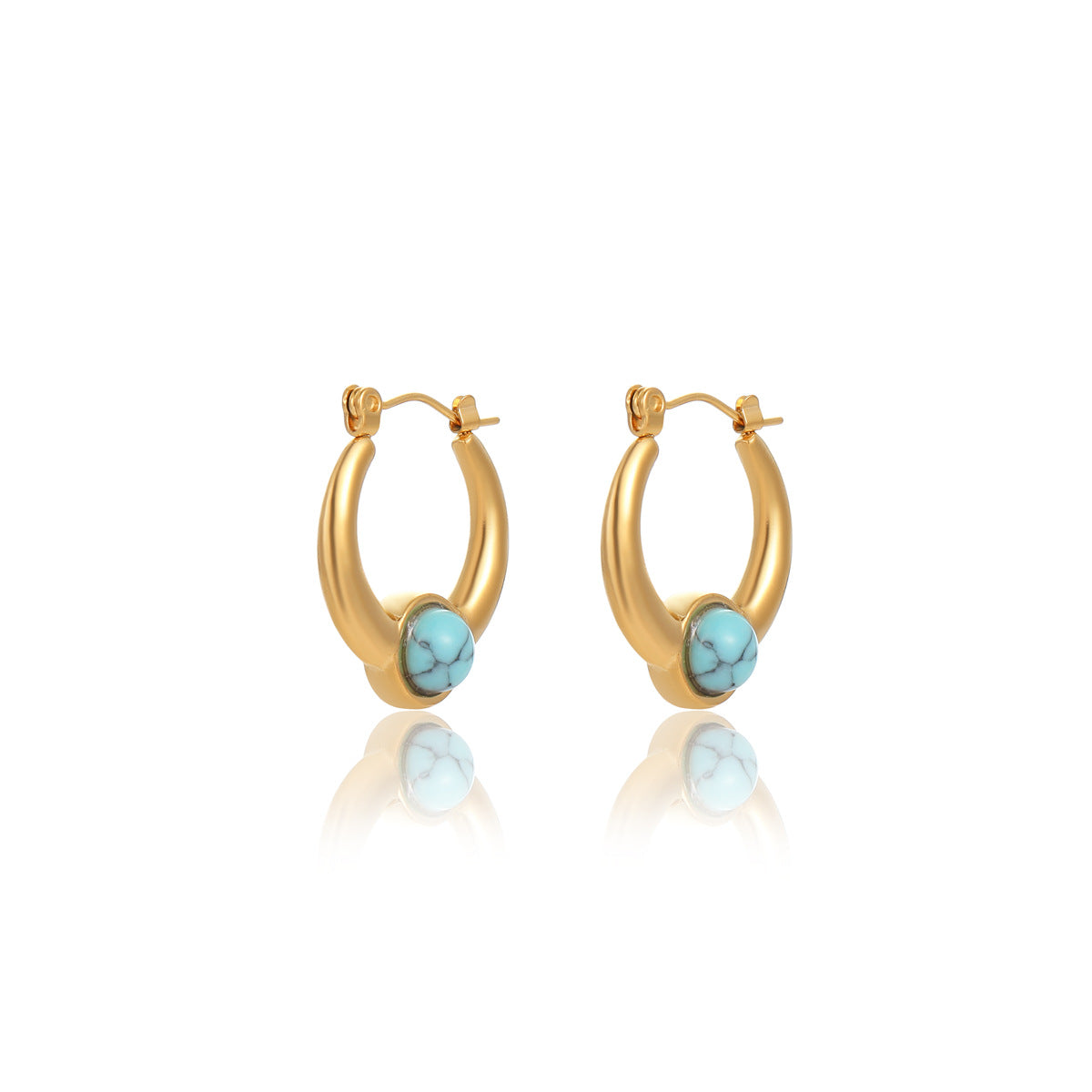 Vintage Style U-Shaped Titanium Steel Earrings with 18K Gold Plating and Natural Stone Inlay for Women