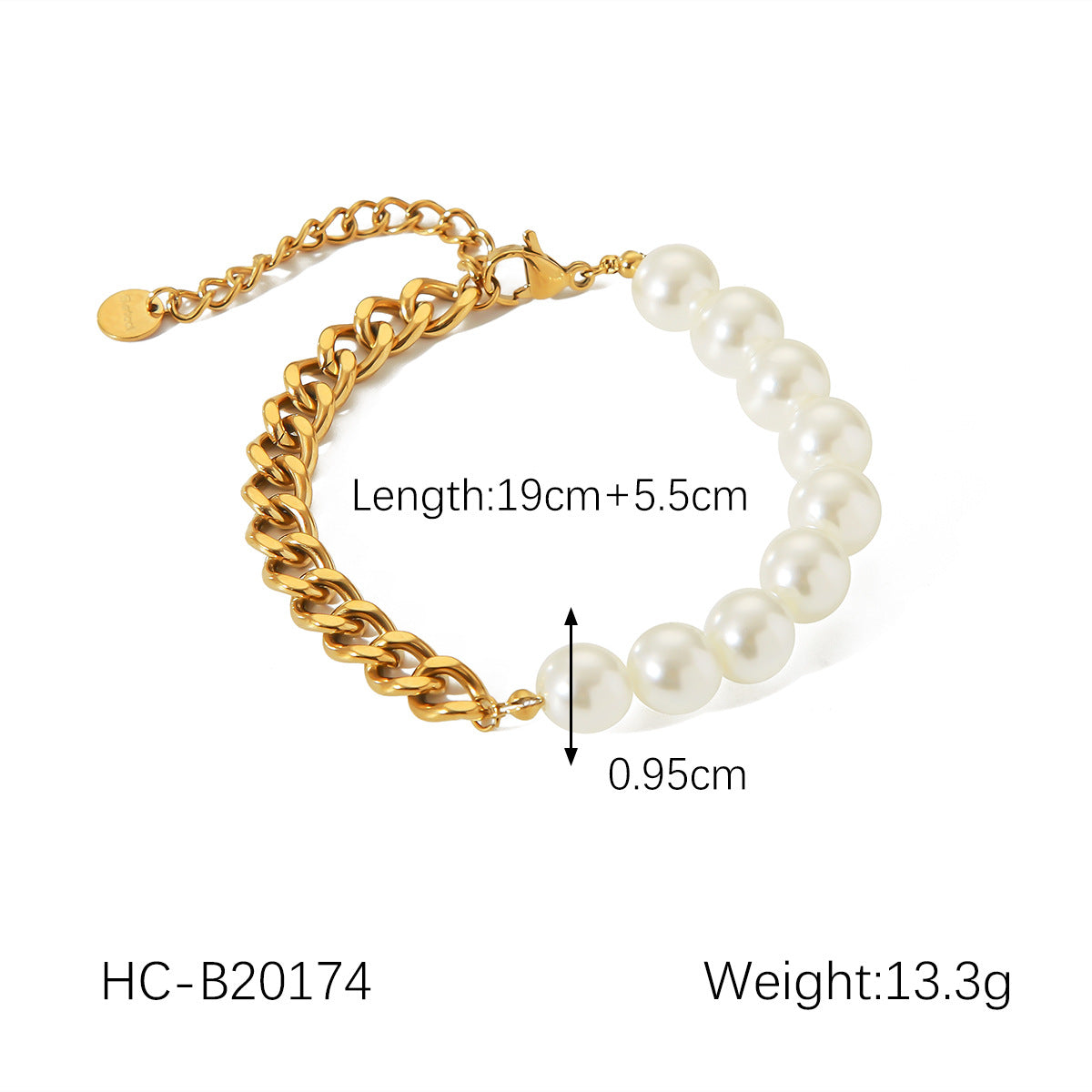 Braccialetto alla moda in acciaio inossidabile placcato oro 18K con perle e maglie cubane, stile geometrico per donna