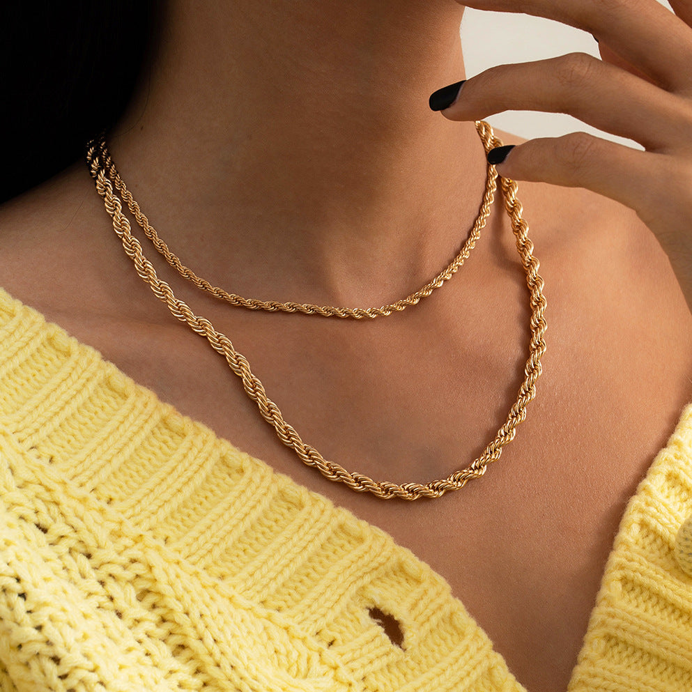 Minimalist Hip-hop Geometric Plated Iron Rope Chain Necklace Double Layer Set for Women