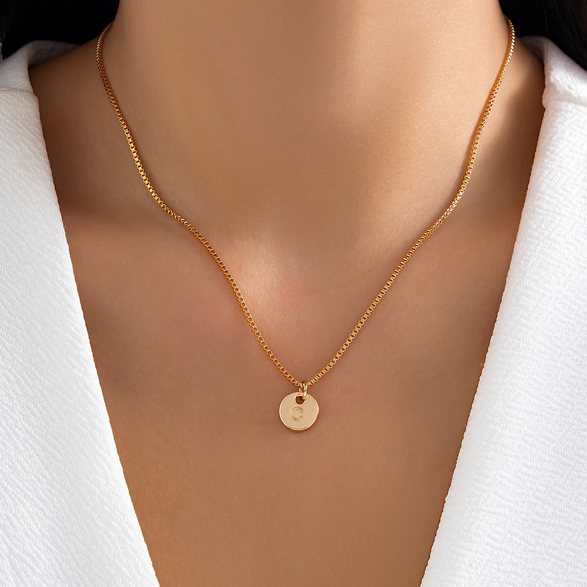 Minimalist Round Letter Pendant Zinc Alloy Plated Necklace Box Chain Women