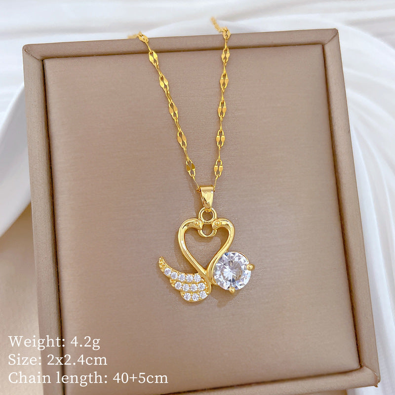 Sweet Heart Rhinestone Titanium Steel Necklace Unisex Cable Chain