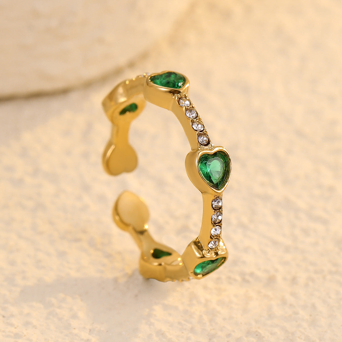 Anillo abierto de acero inoxidable con forma de corazón, zirconias de colores incrustadas, estilo lujo ligero, para mujer