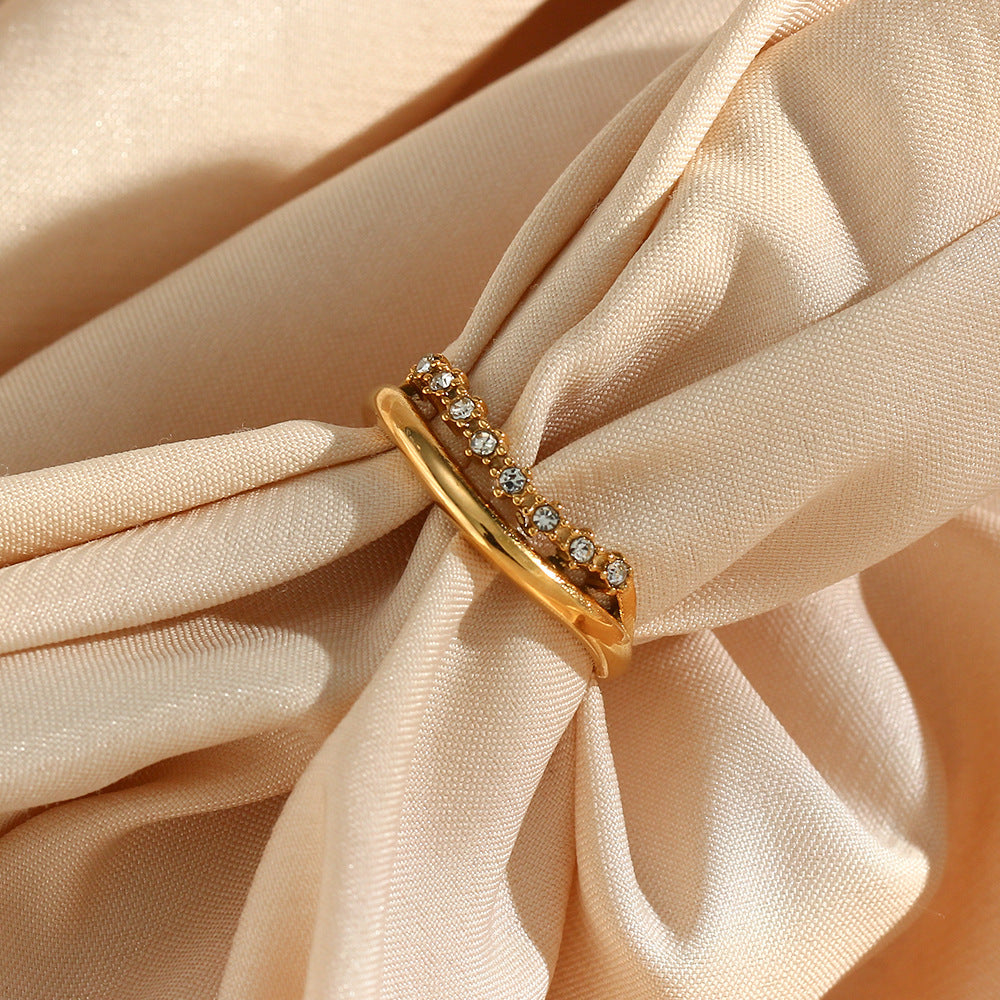 Minimalist Geometric Stainless Steel Plated Double Layer Thin Ring with Zirconia for Women