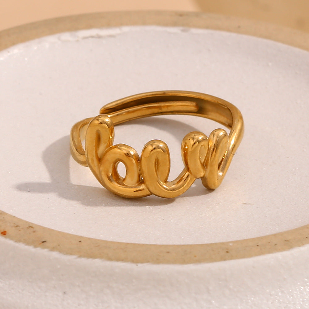 Anello apribile "LOVE" minimalista e alla moda per donna, in acciaio inossidabile placcato oro 18 carati