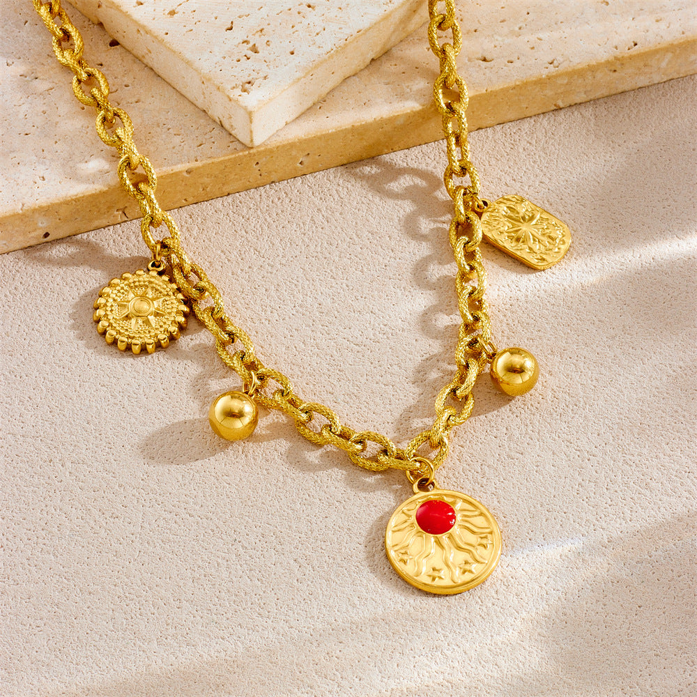 Set collana e bracciale da donna in acciaio inossidabile con finitura placcata, con pendente irregolare a forma di sole, d'ispirazione vintage