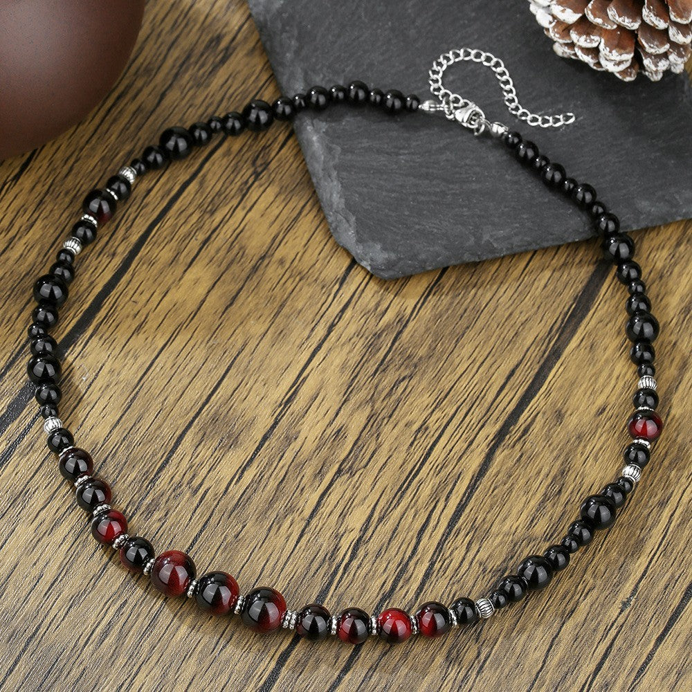 Bohemian Geometric Wood Beaded Necklace with Turquoise Inlay Cable Chain Unisex
