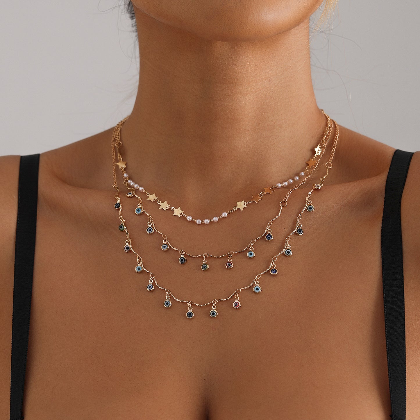 Vintage Fashion Enamel Evil Eye and Star Pendant Clavicle Necklace in Alloy with Plated Finish