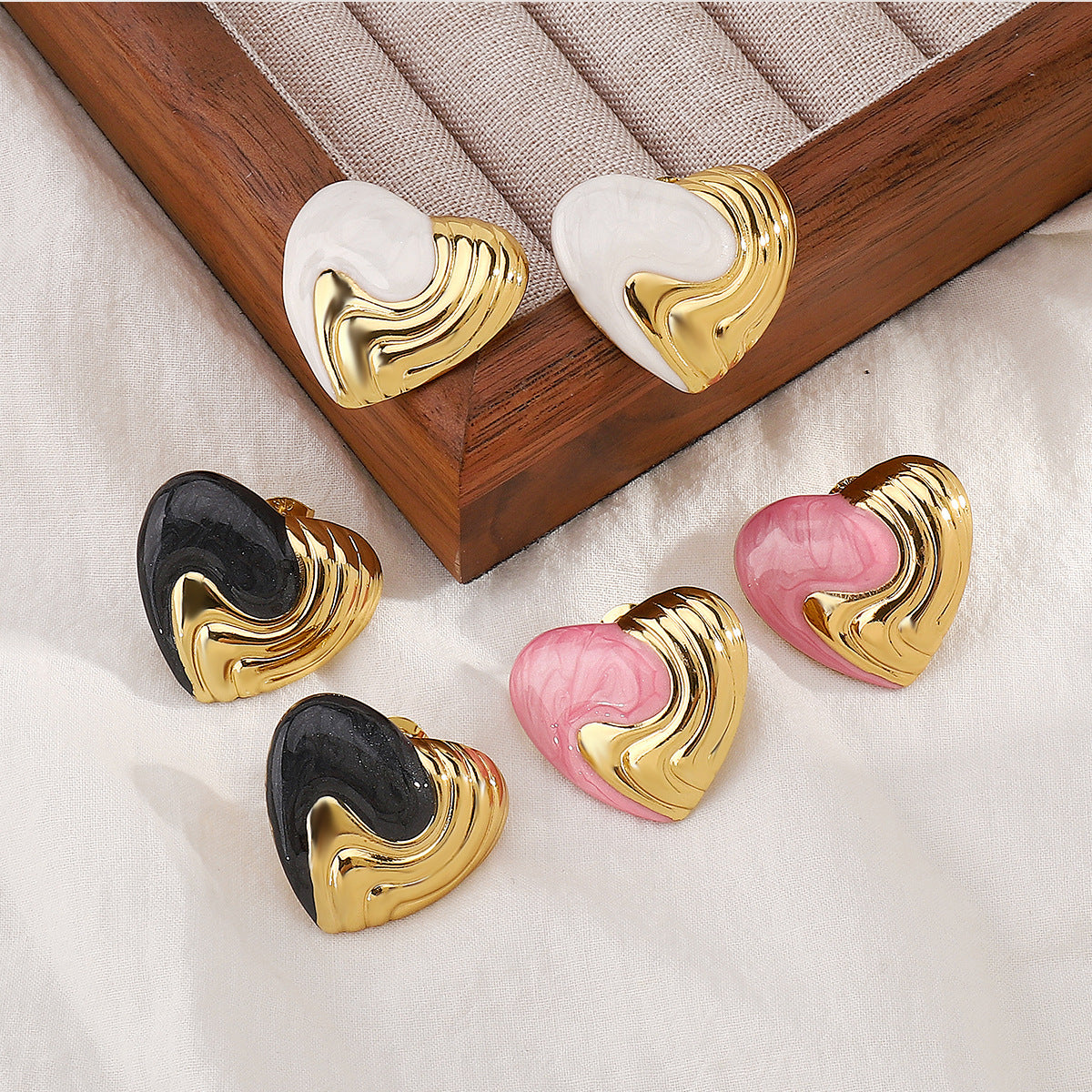Sweet Minimalist Heart-Shaped Stainless Steel Earrings with Enamel Finish in Multi-Color Accents