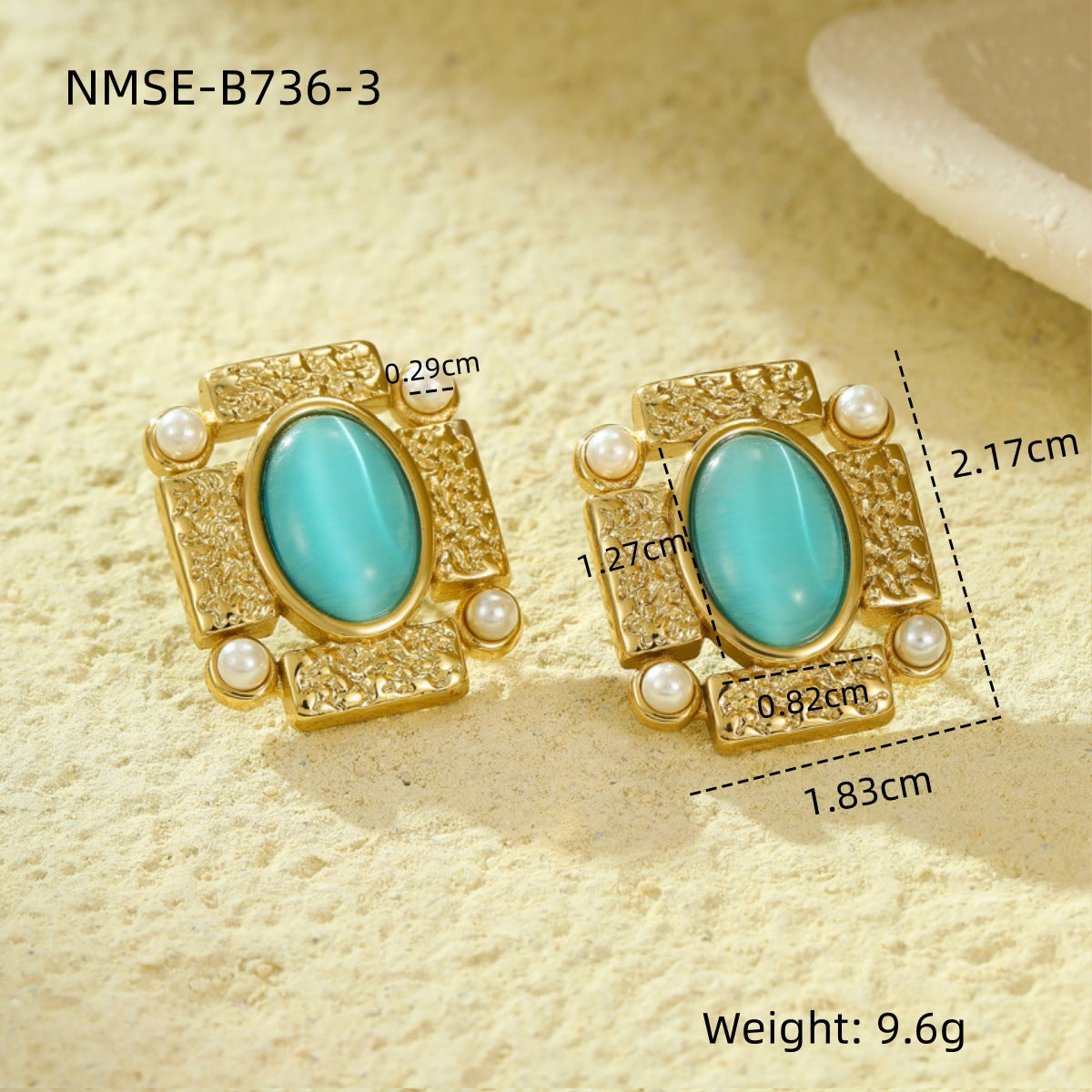 Pendientes de tuerca ovalados con perlas y textura cuadrada vintage para mujer, de piedra natural, de acero inoxidable con baño de oro