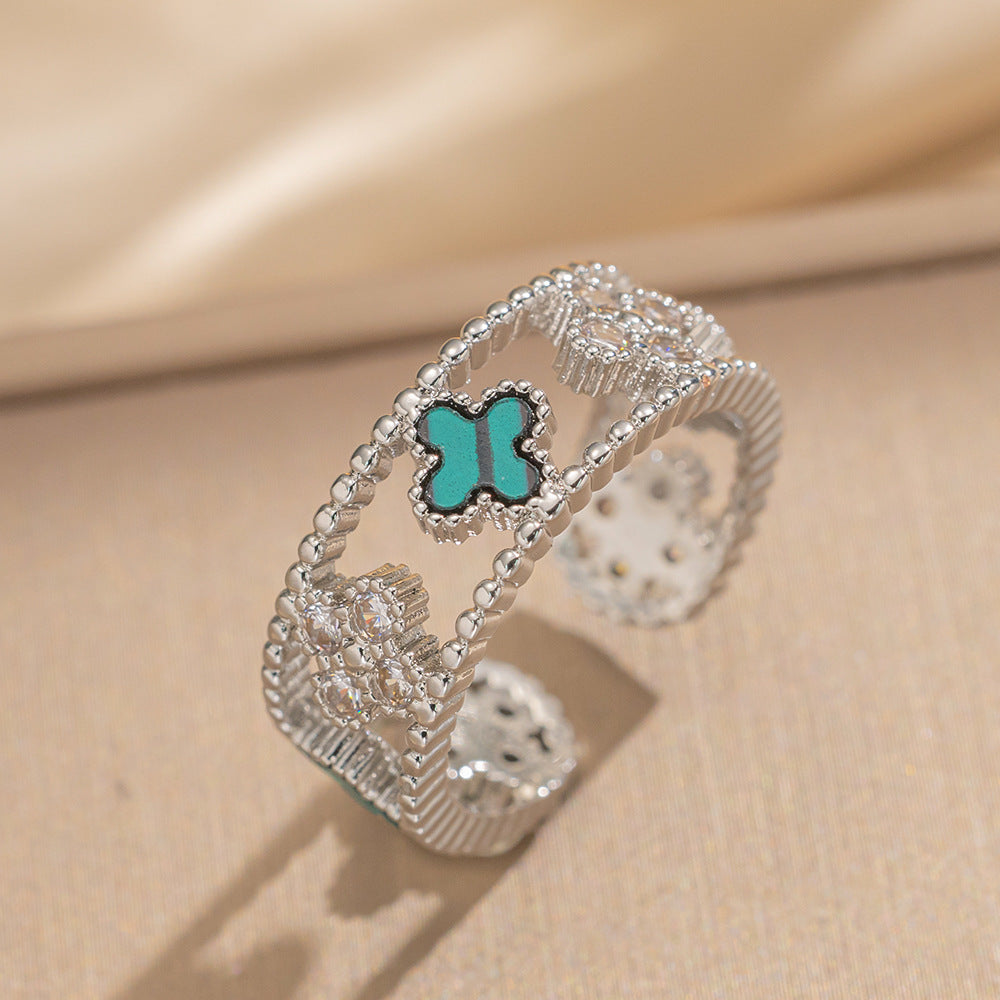 Luxury Minimalist Adjustable Open Ring for Women with Gold-Plated Copper Band and Zircon Stone Accent in Heart and Floral Shape