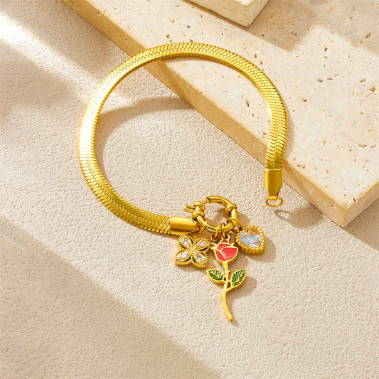 Pulsera de cadena serpiente con colgante de rosa de cuatro pétalos en forma de corazón de acero inoxidable chapado en oro rosa, a la moda, para mujer
