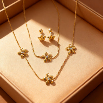 Vintage Elegant Floral Stainless Steel Plated Necklace Bracelet Earring Set for Women