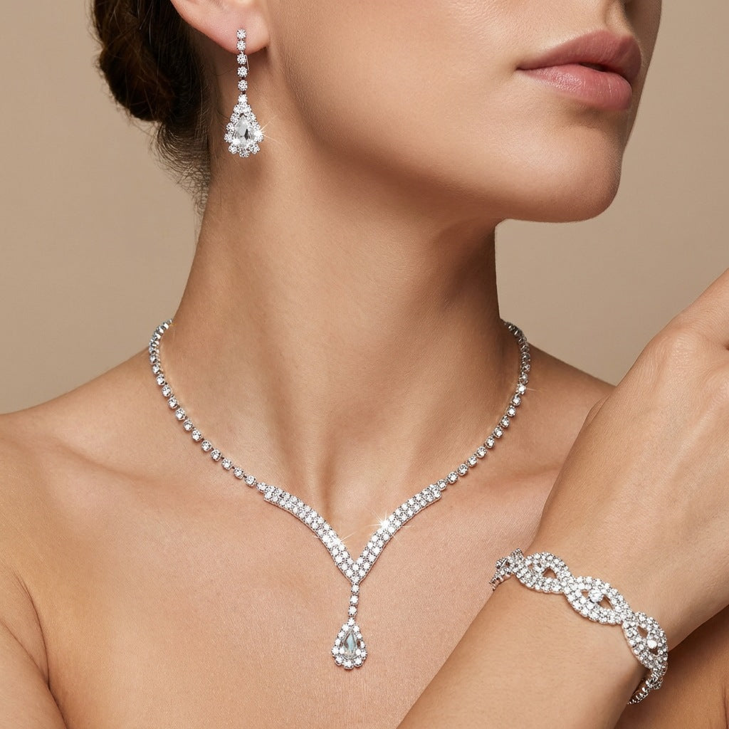 Vintage Floral Teardrop Plated Brass Necklace and Earring Set for Women