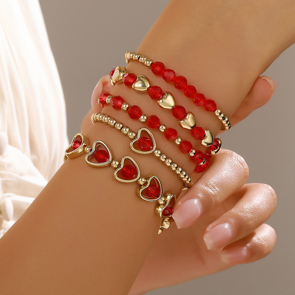 Fashion Red Crystal Beaded Heart Bracelet Multi-Layer Acrylic Geometric Jewelry for Women and Men