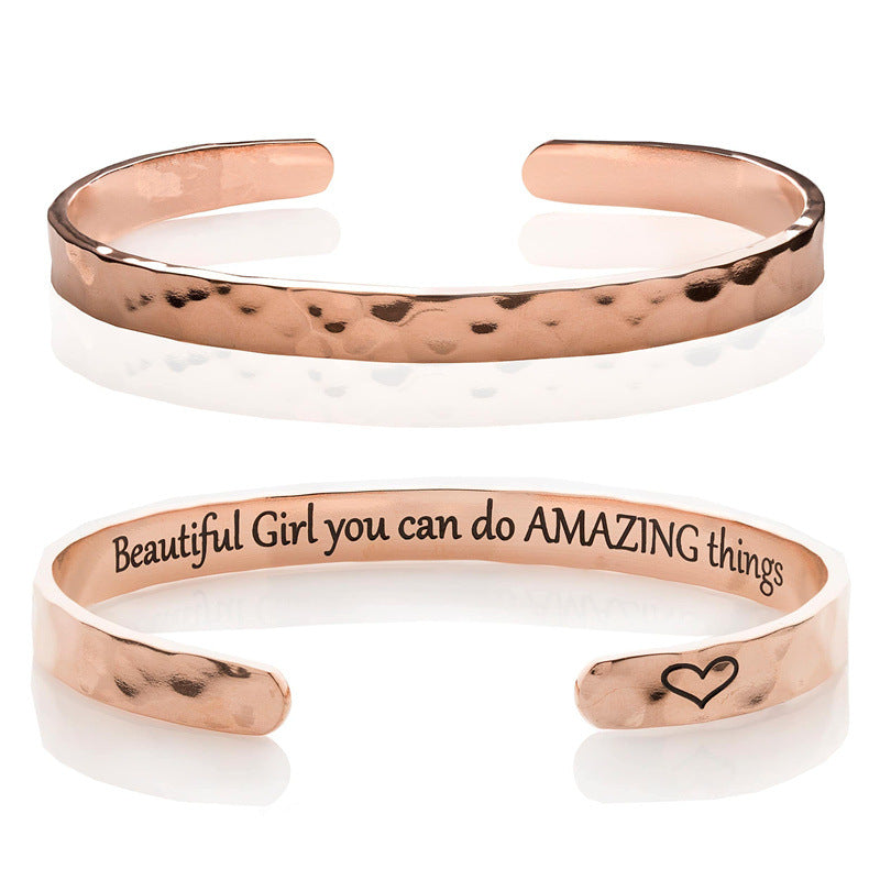 Minimalist Stainless Steel Engraved Open Moon Surface Textured Hammered Bracelet