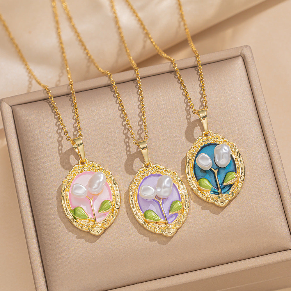Elegant French Vintage Enamel Floral Pendant Necklace in Titanium Steel with Tulip Rose and Camellia Motifs on O-Chain