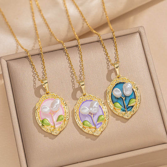 Elegant French Vintage Enamel Floral Pendant Necklace in Titanium Steel with Tulip Rose and Camellia Motifs on O-Chain