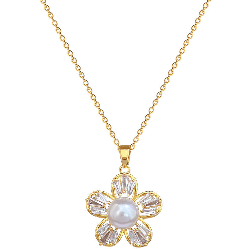 Luxury Titanium Steel Geometric Necklace and Earrings Set with Pearl and Rhinestone Accents for Women