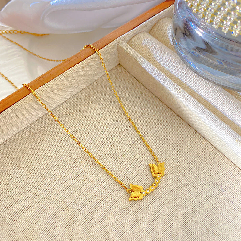 Sweet Streetwear Geometric Double Butterfly Titanium Steel Plated Necklace with Tassel for Unisex