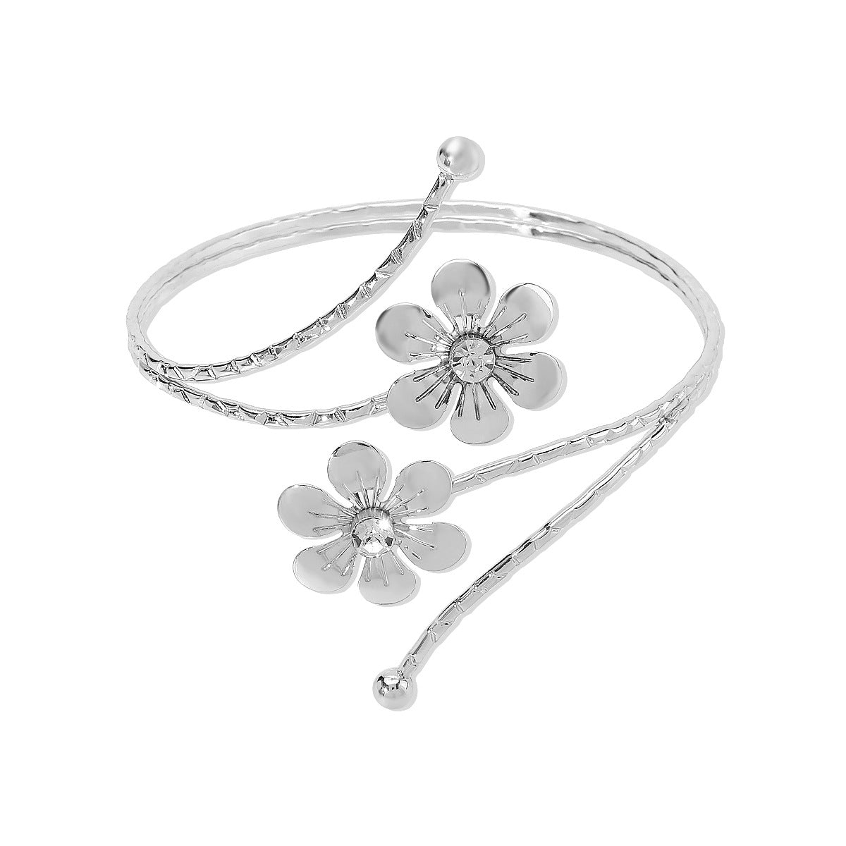Punk Style Adjustable Flower and Leaf Shaped Arm Cuff Bracelet for Women Made of Iron with Rhinestone Inlay and Plated Finish