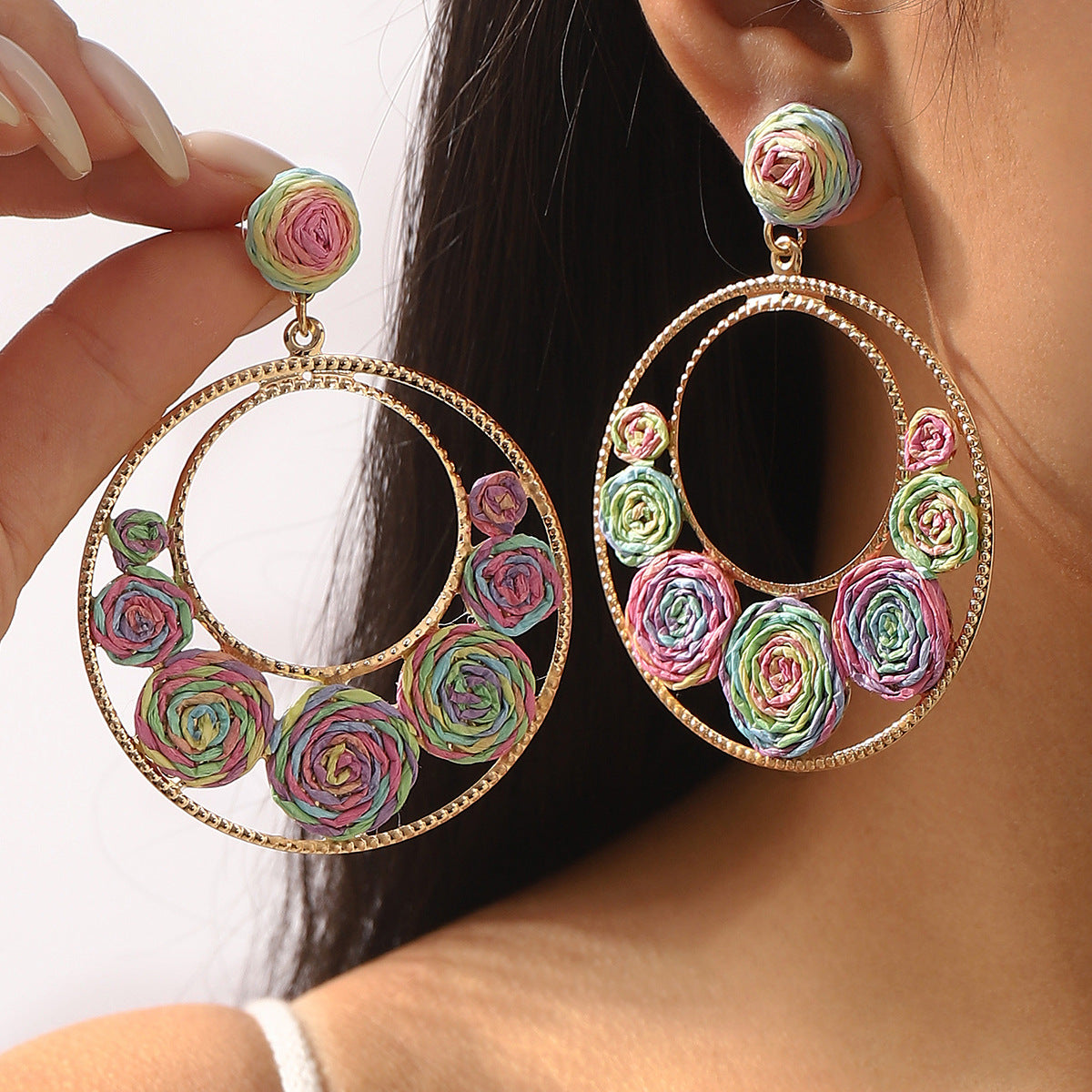 Pendientes de rafia con diseño geométrico y base de aleación para mujer, joyería artesanal llamativa