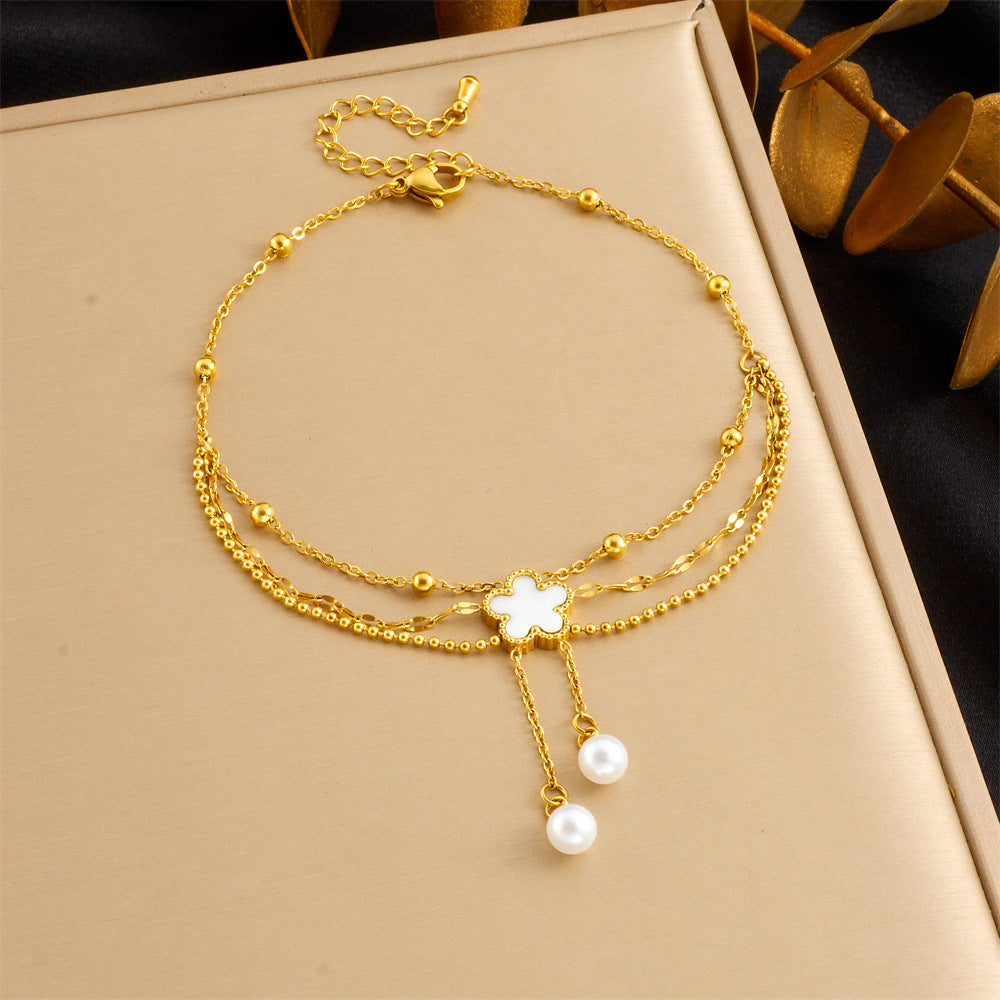 Floral Stainless Steel Anklet with Pearl and Shell Tassel for Women