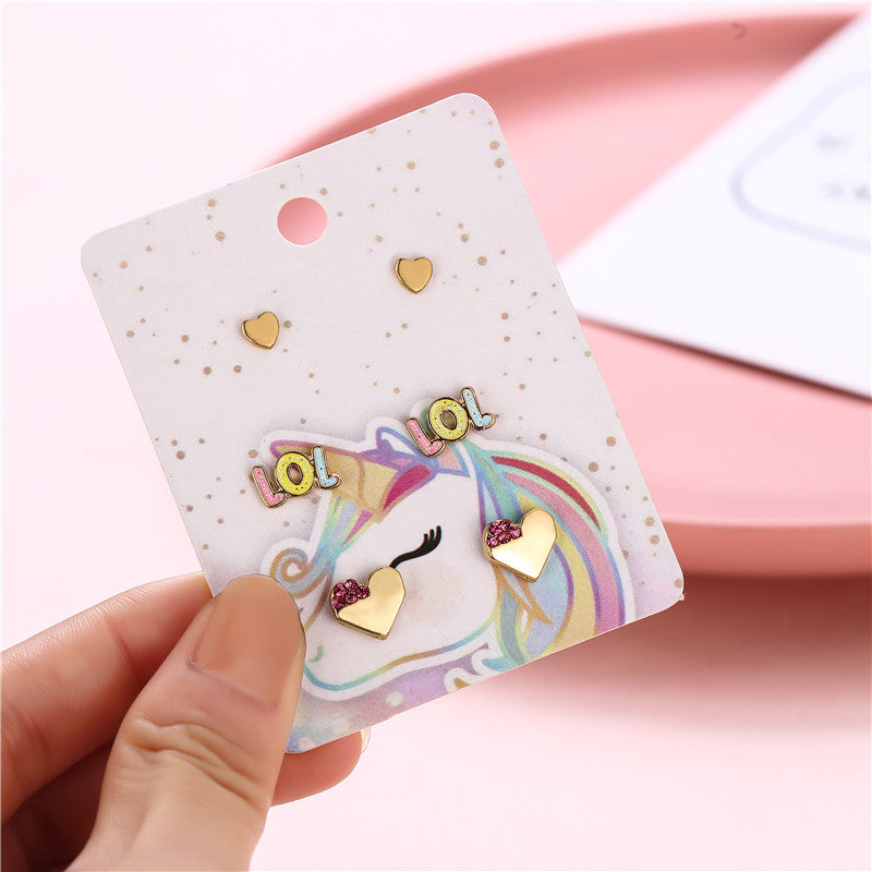 Aretes de tuerca de aleación con forma de corazón de dibujos animados para niñas con diseño floral esmaltado estilo dulce princesa