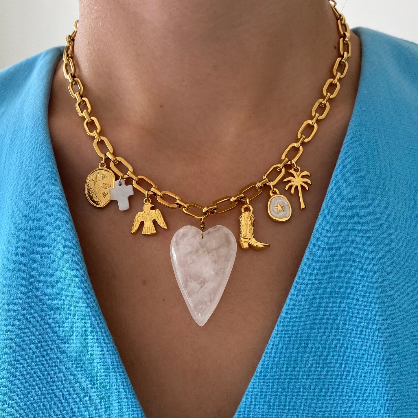 Minimalist 18K Gold Plated Stainless Steel Heart Star Charm Bar PVD Cable Chain Necklace Unisex