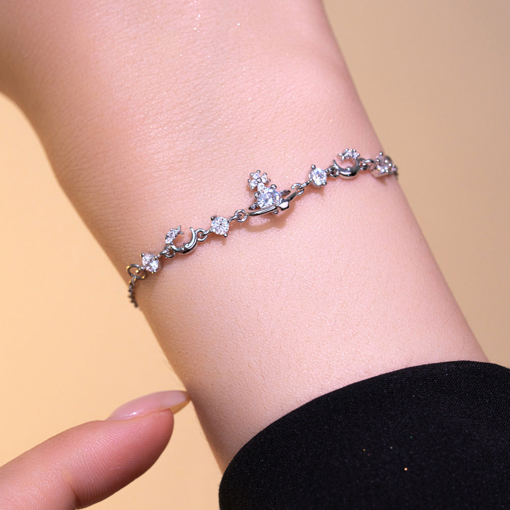 Minimalist Saturn-Shaped Titanium Steel Bracelet with Rhinestone Inlay for Women, Hypoallergenic Vacuum-Plated Fashion Accessory