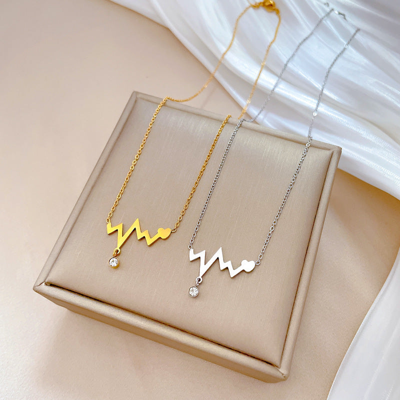 Minimalist Titanium Steel Heartbeat Wave Pendant Necklace for Women with Gold Plated Finish and Clavicle Chain Design
