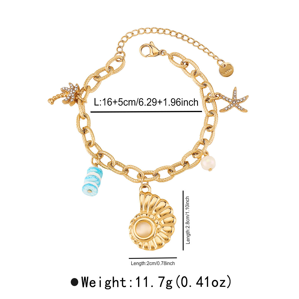 Vacation Style Seashell and Seahorse Pendant Stainless Steel Bracelet for Women with Plated Finish