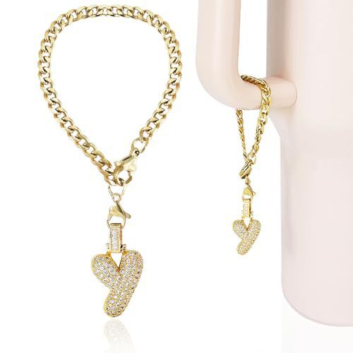 Cubic Zirconia Inlaid Brass Letter Charm Bar with Plated Finish