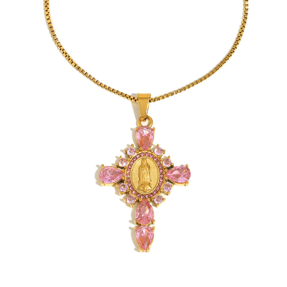 Fashionable OL Style Geometric Stainless Steel Pendant Necklace with 18K Gold Plating and Rhinestone-Inlaid Cross