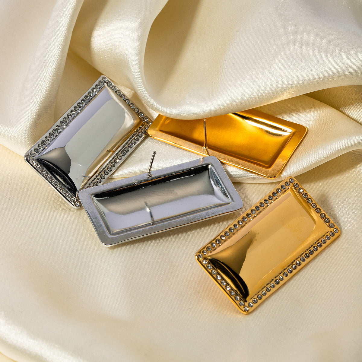 Trendy Geometric Rectangular Hoop Earrings 18K Gold Plated Stainless Steel with Rhinestone Inlay for Women