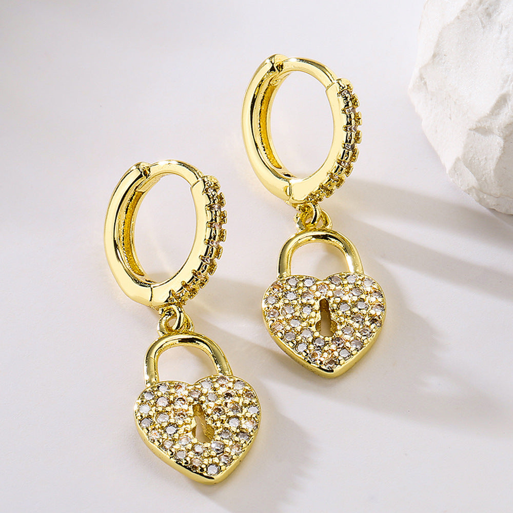 Orecchini minimalistici in rame a forma di cuore, placcati in oro 18 carati con zirconi, da donna