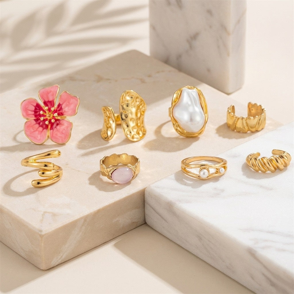 Sweet Pink Floral Irregular Adjustable Ring Set for Women