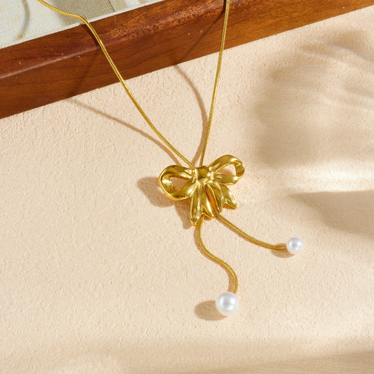 Gold Plated Bow Pearl Tassel Stainless Steel Snake Chain Necklace