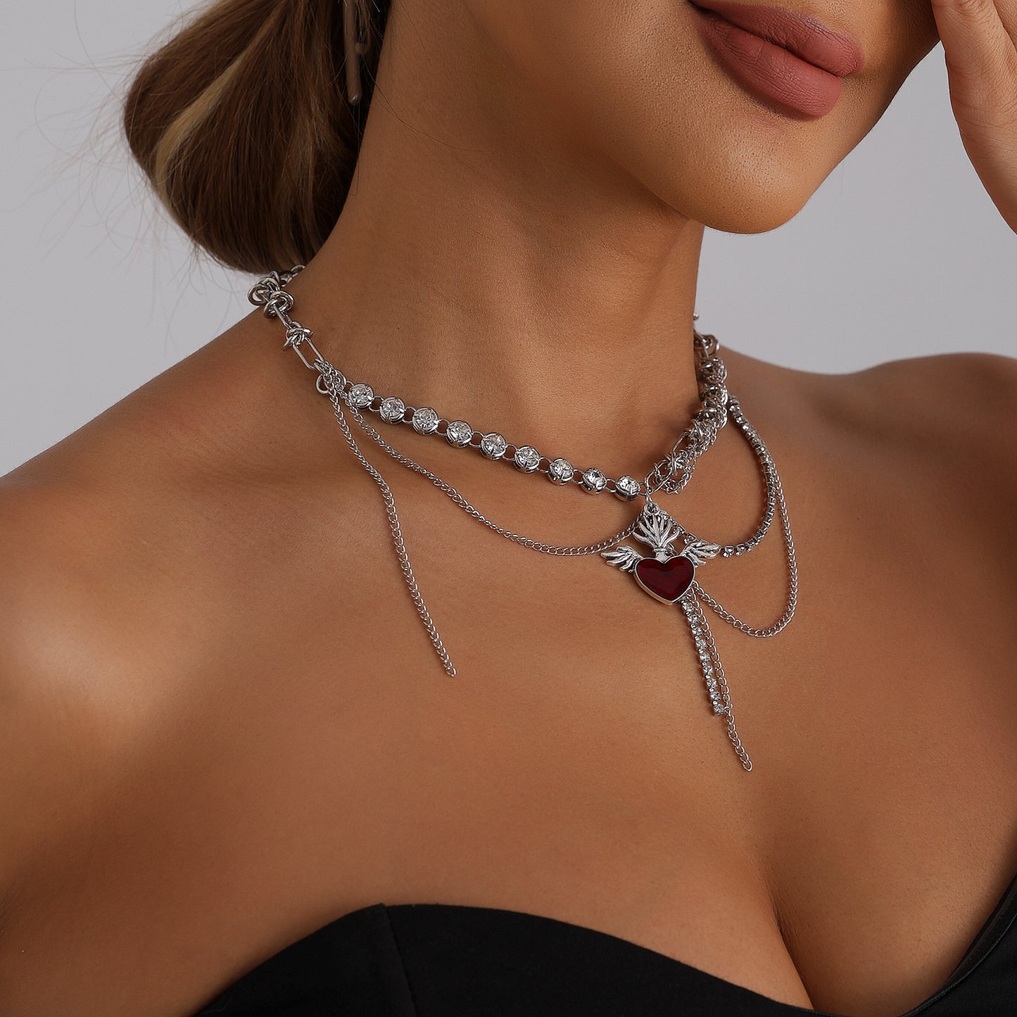 Red Heart Wing Geometric Rhinestone Alloy Necklace for Women