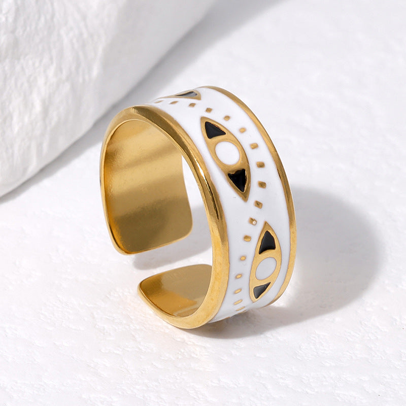 Minimalist Evil Eye Titanium Steel Ring with Enamel Detailing Adjustable Open Band for Unisex Wear