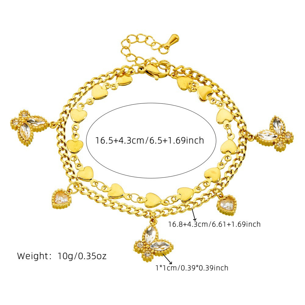 Fashion Stainless Steel Heart Butterfly Rhinestone Plated Bracelet for Women