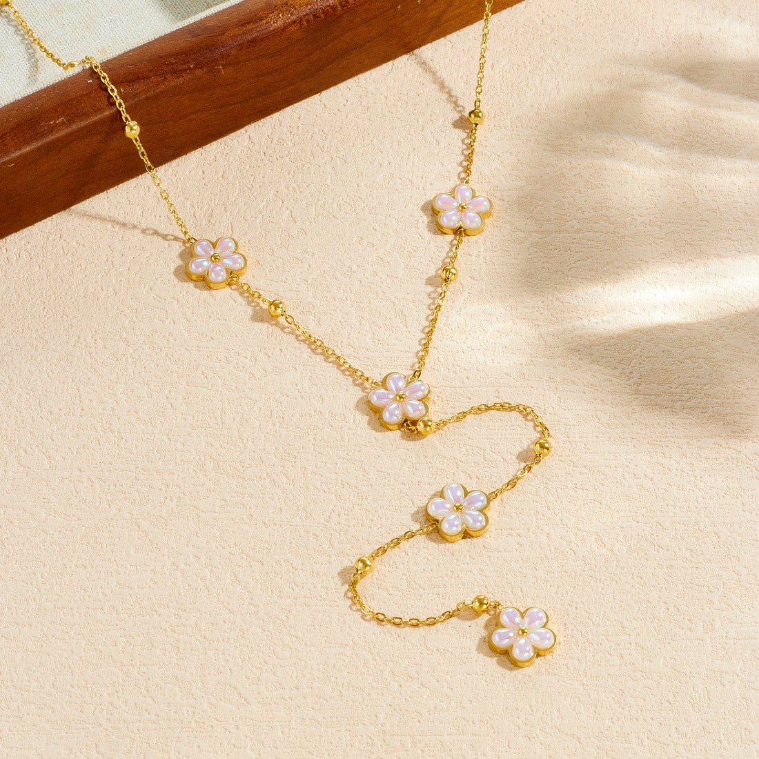 Gold Plated Stainless Steel Floral Pendant Necklace with Simulated Pearl Tassel for Women